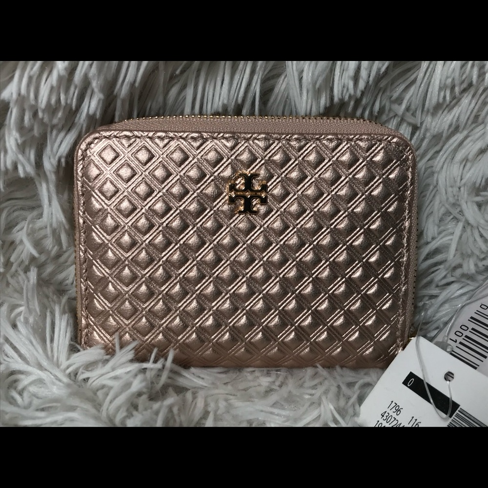 BNWT Tory Burch Embossed Metalic Rose Gold Mini Keychain wallet